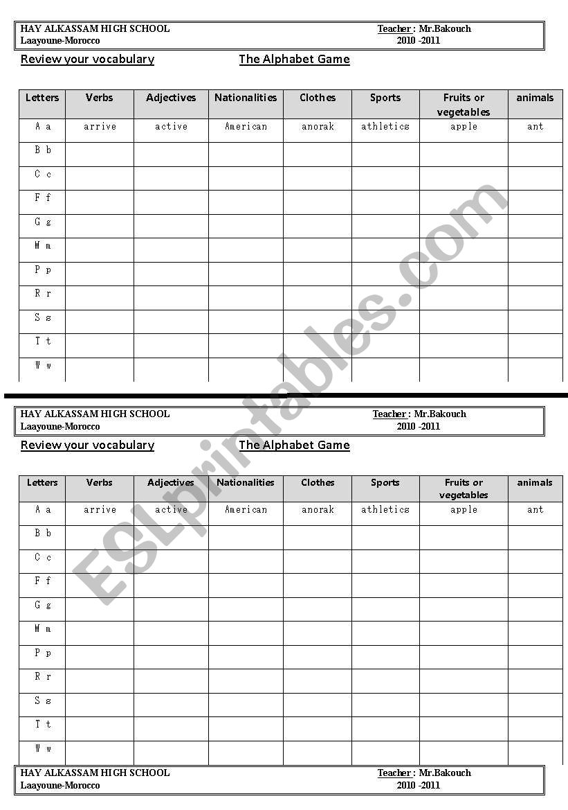 the Alphabet Game worksheet