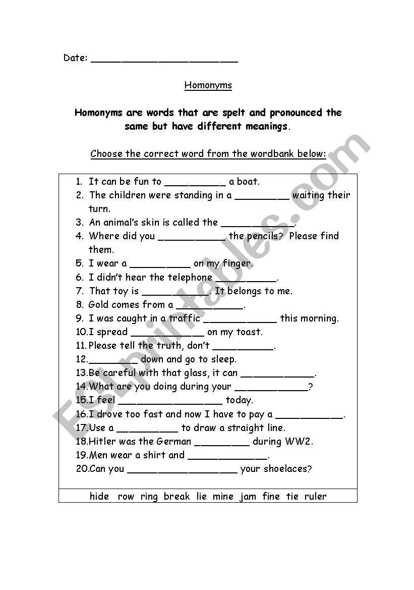 Homonyms worksheet