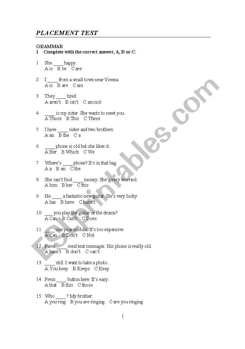 Placement test worksheet