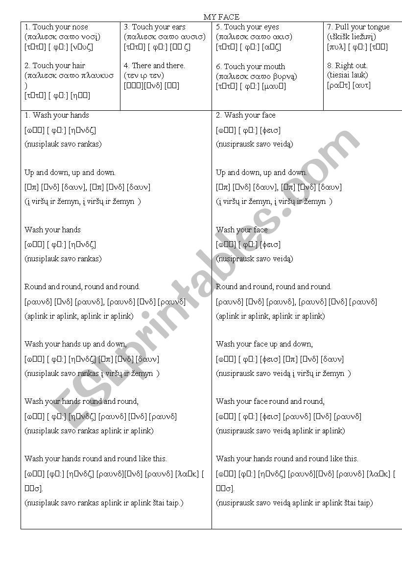 My face worksheet