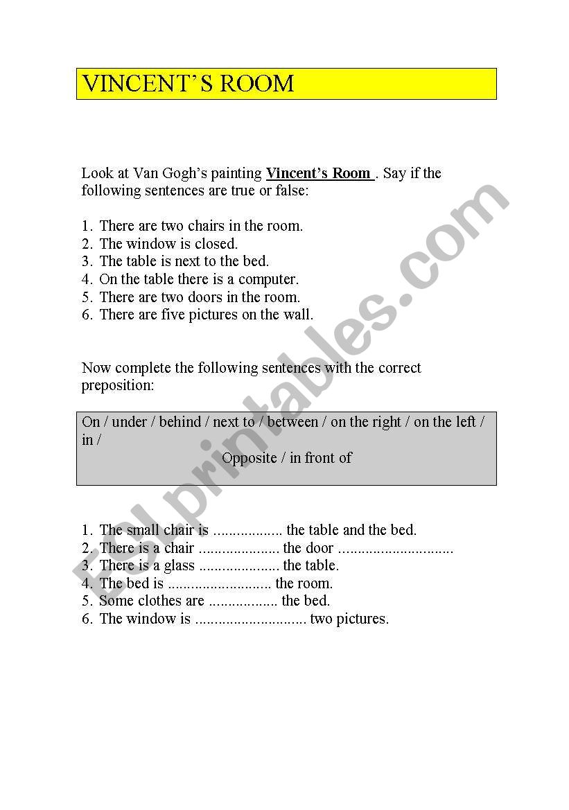 Vincents room worksheet