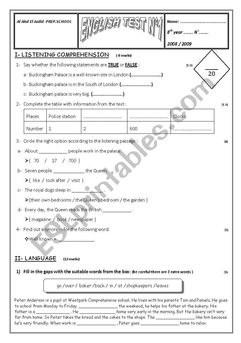 Mid term test 1 8th form  worksheet
