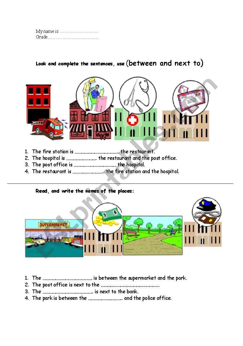 Between and Next to worksheet