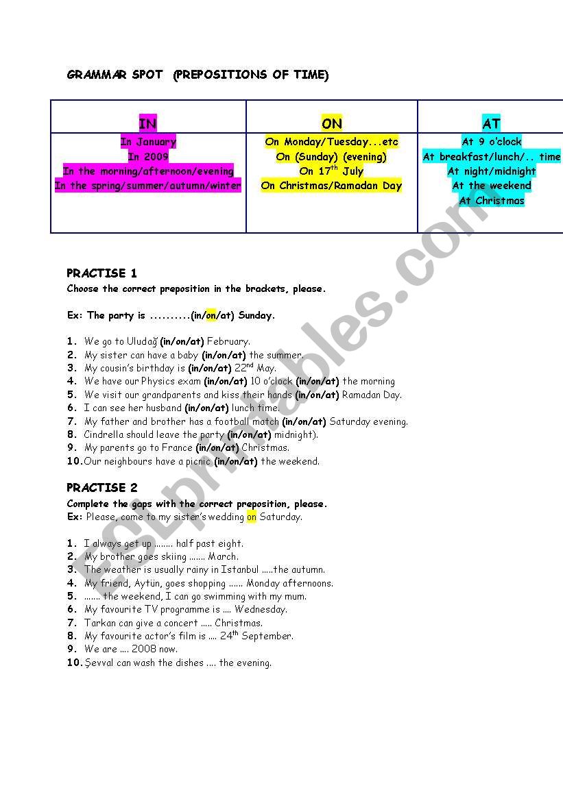 prepositions of time worksheet