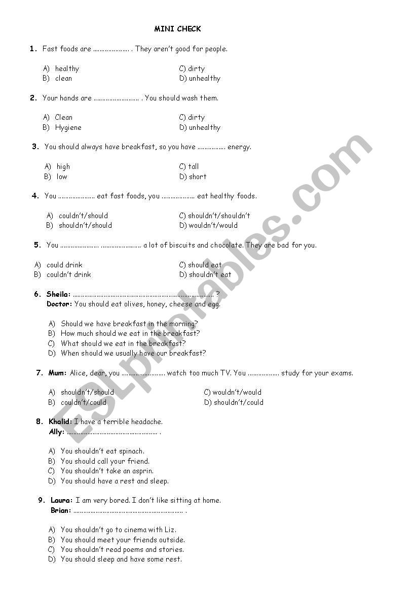 mini check worksheet