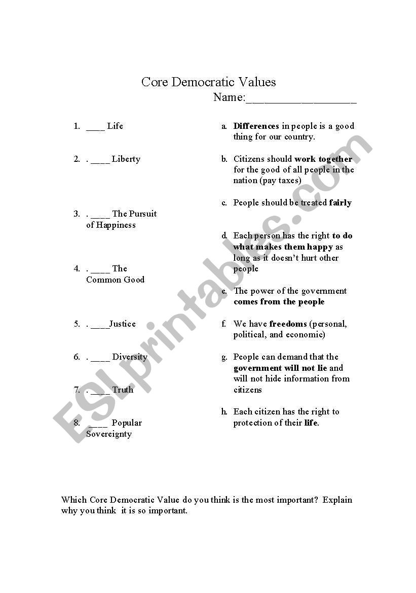 Core Democratic Values worksheet