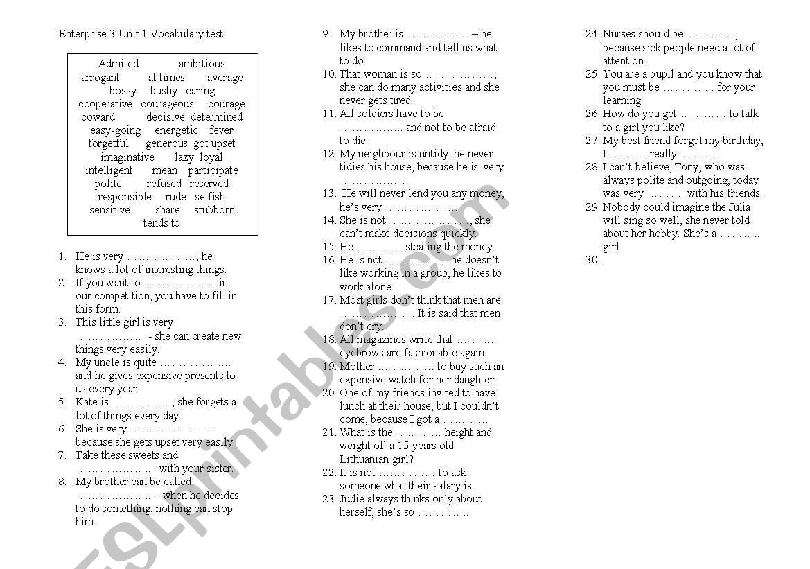 Enterprise 3 Unit 1 Vocabulary test