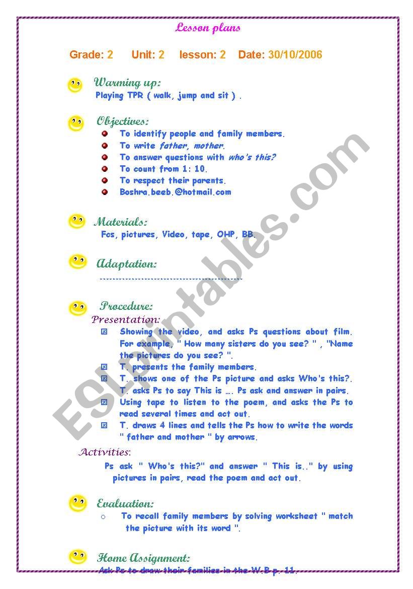 lesson plan - my family  worksheet
