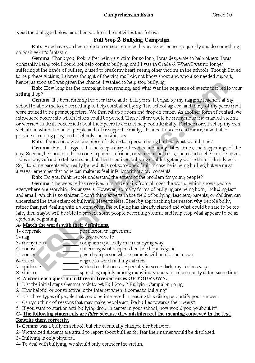 Full Stop 2 Bullying Campaign worksheet