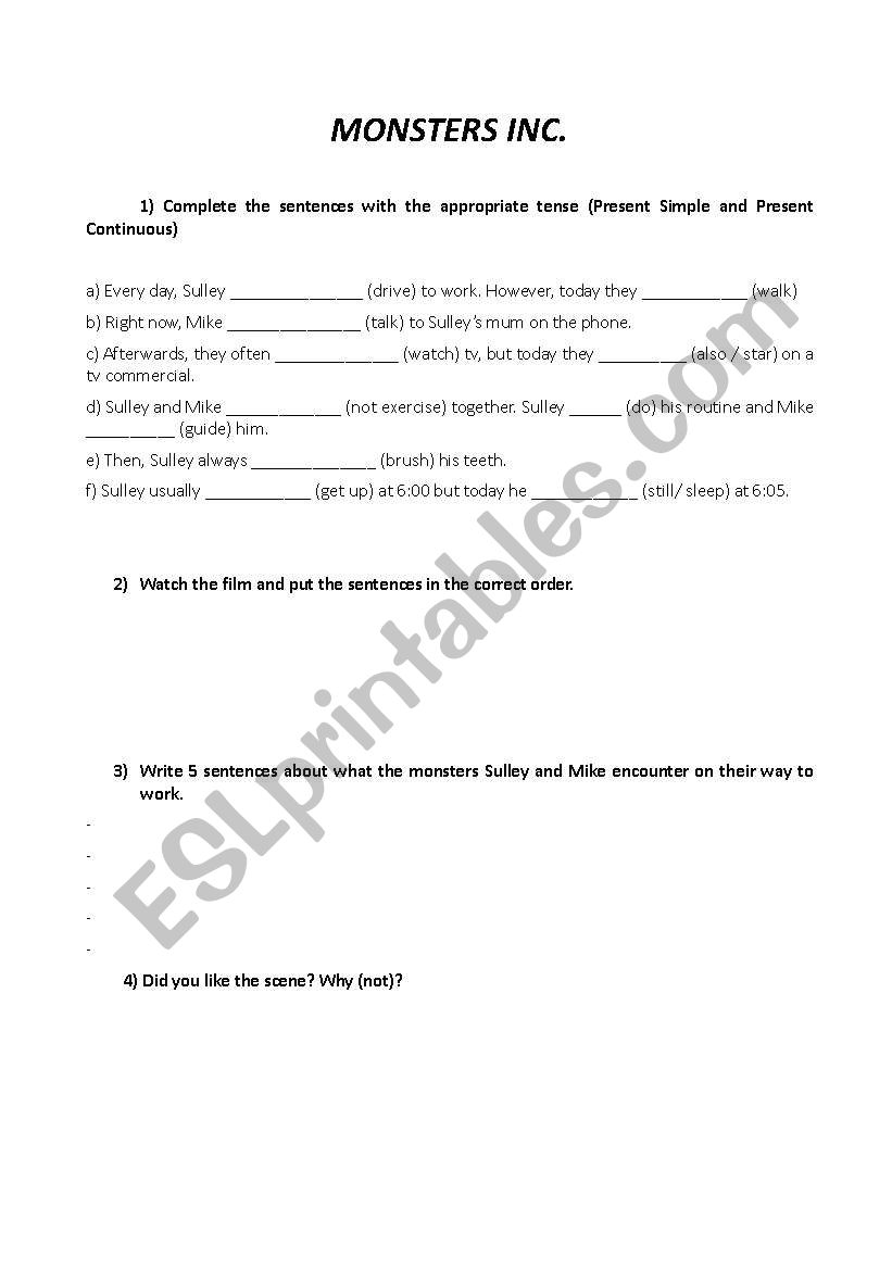 Monsters Inc worksheet