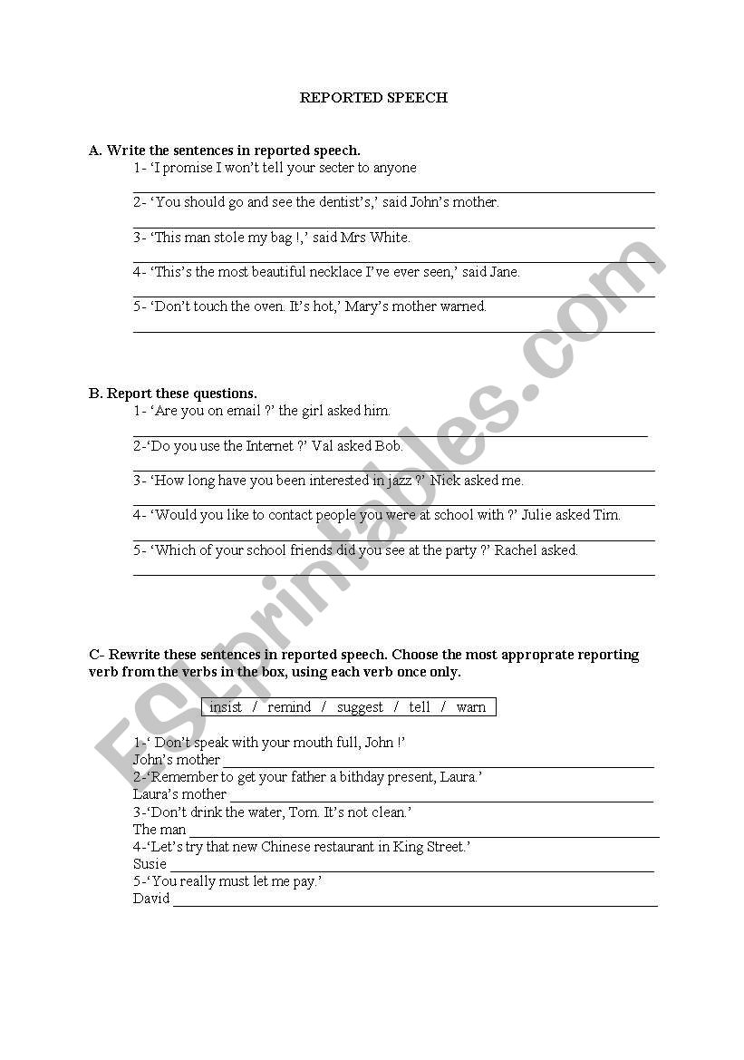 reported speech worksheet