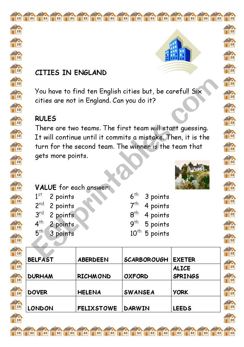 CITIES IN ENGLAND worksheet
