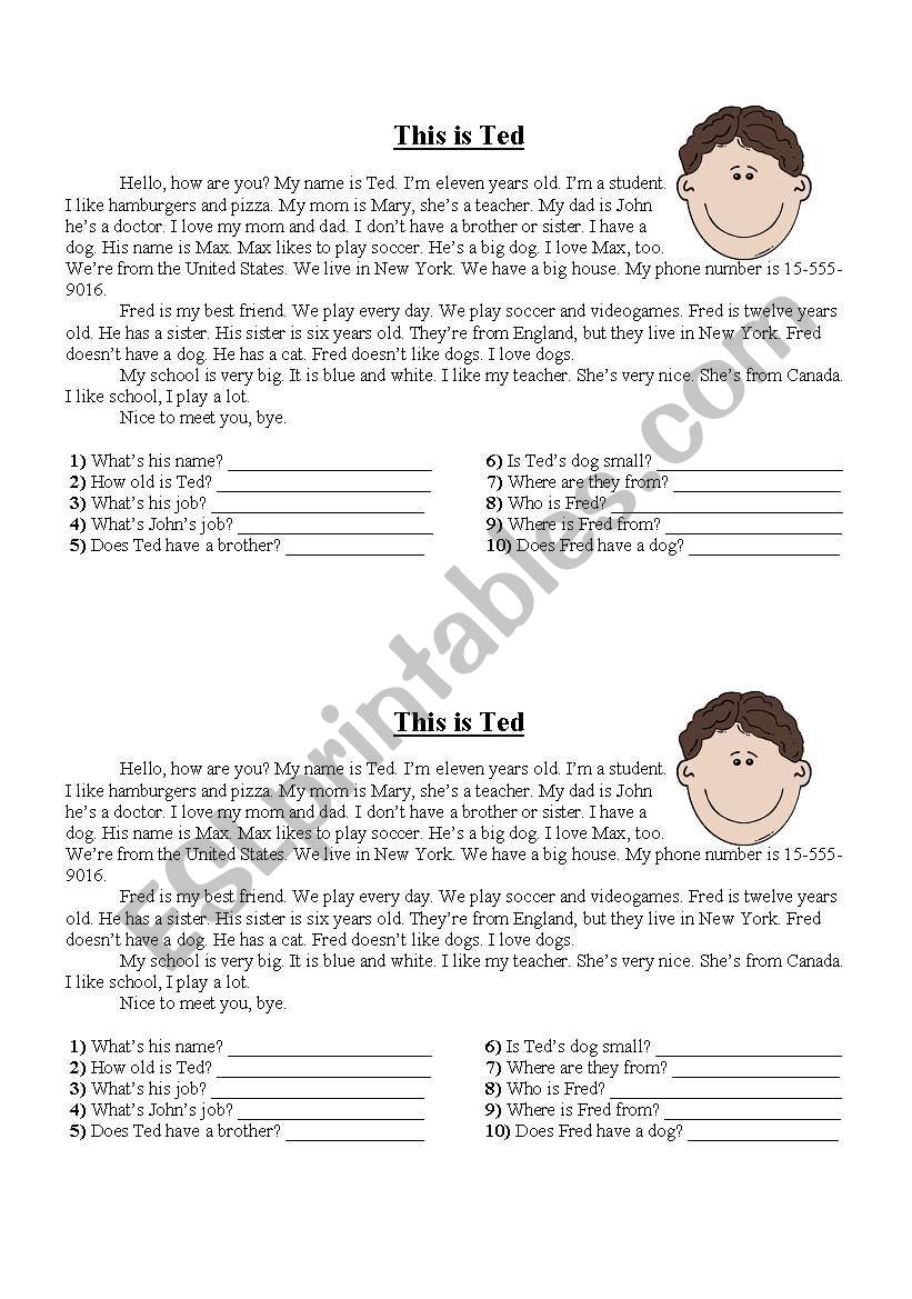 This is Ted - A Short Story worksheet
