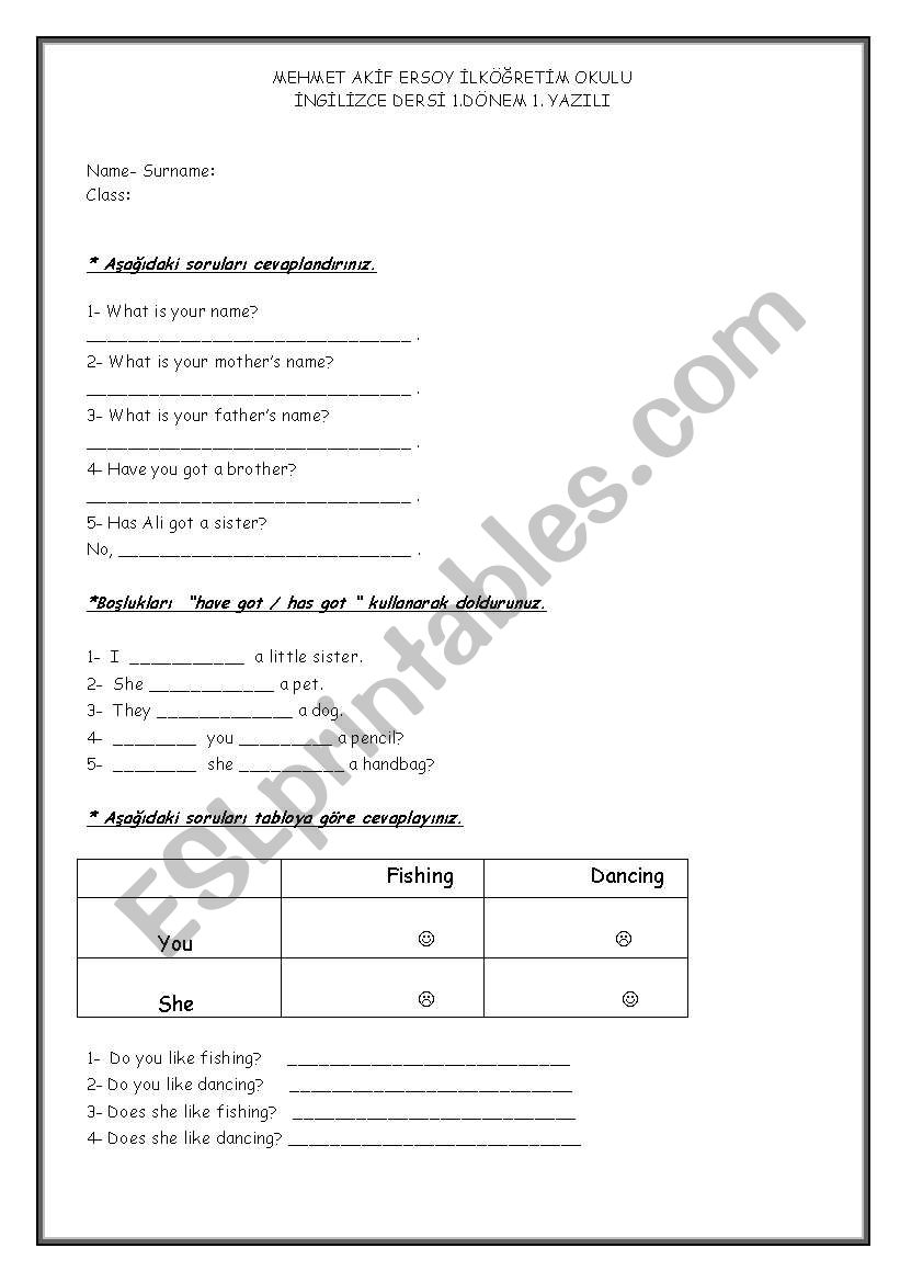 6th grade 1st term 1st exam worksheet