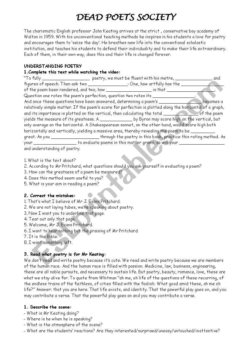 Dead Poets Society Worksheet worksheet