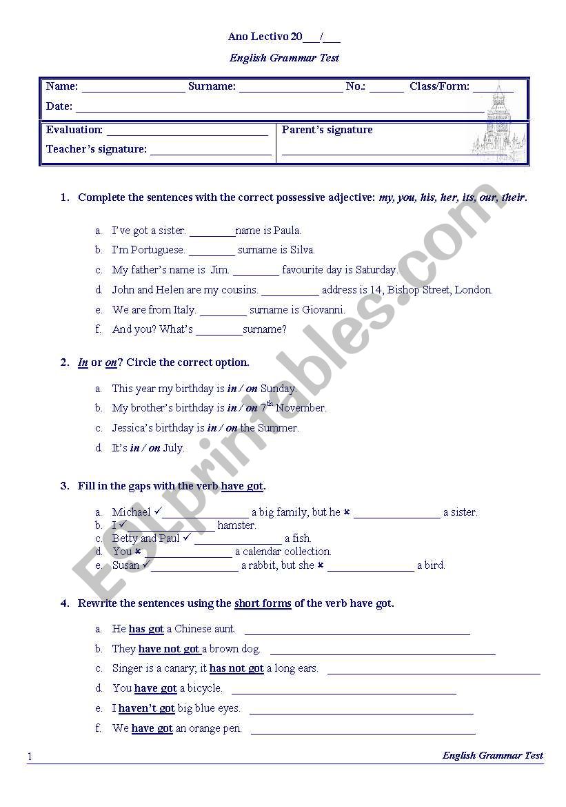 Grammar test worksheet