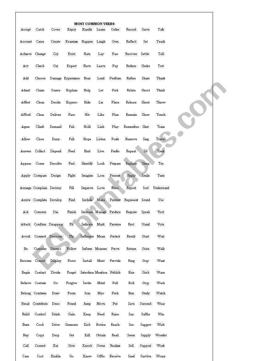 common verbs worksheet