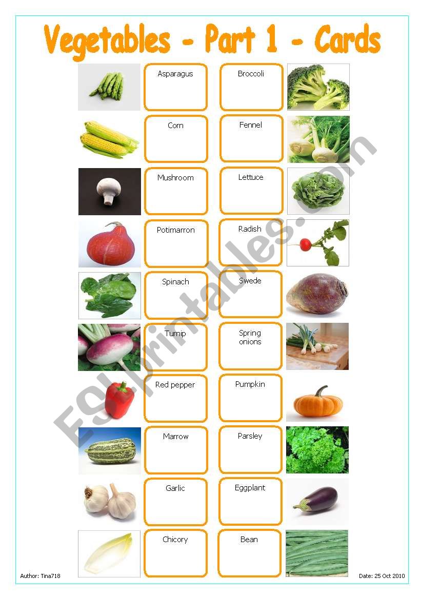 Vegetables - Part 1 - Cards worksheet