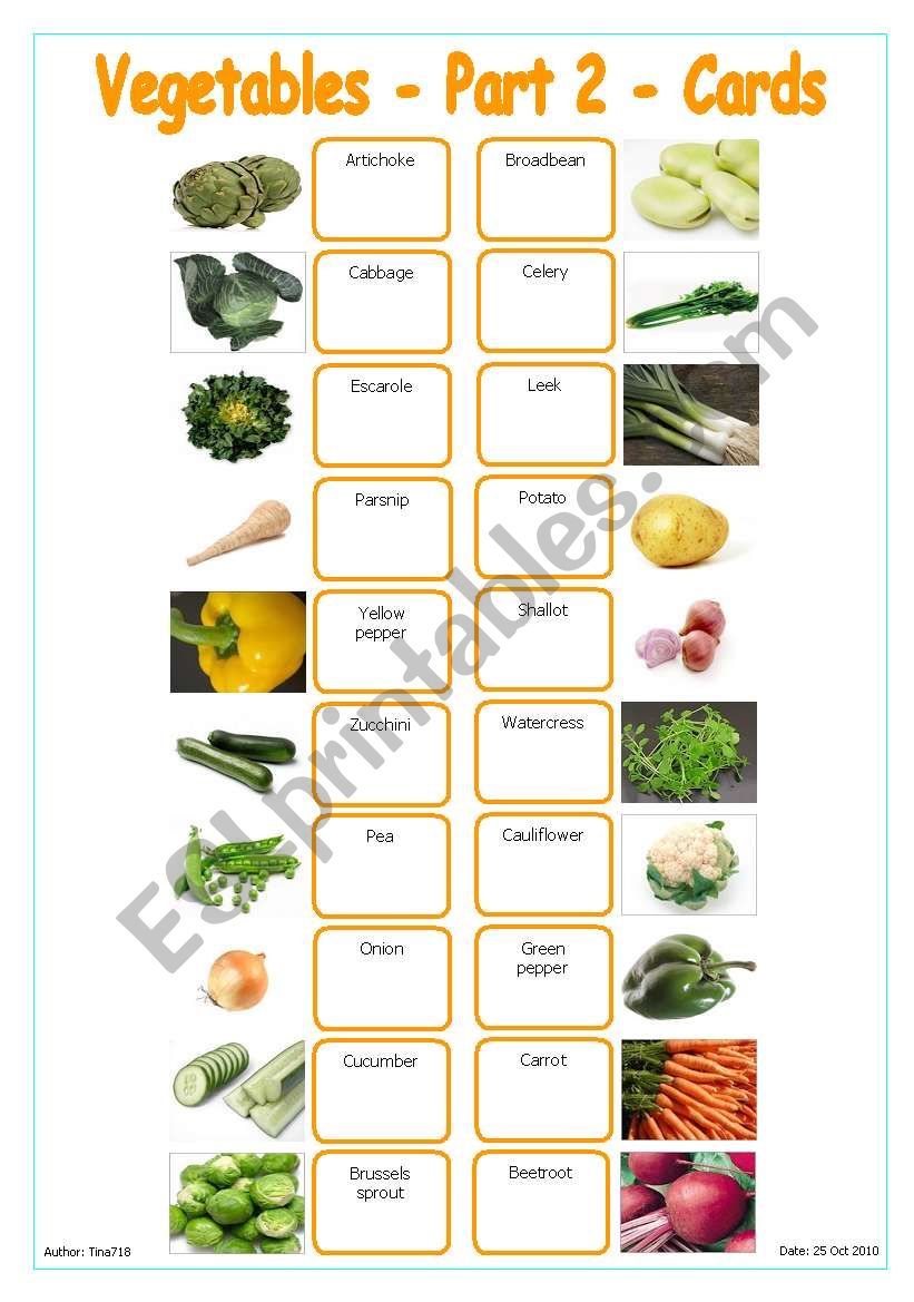 Vegetables - Part 2 - Cards worksheet
