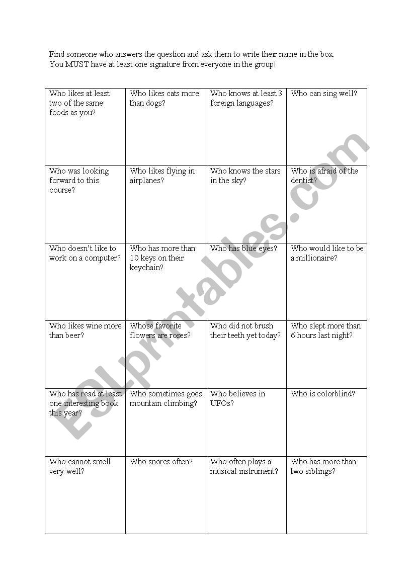 Find someone who worksheet