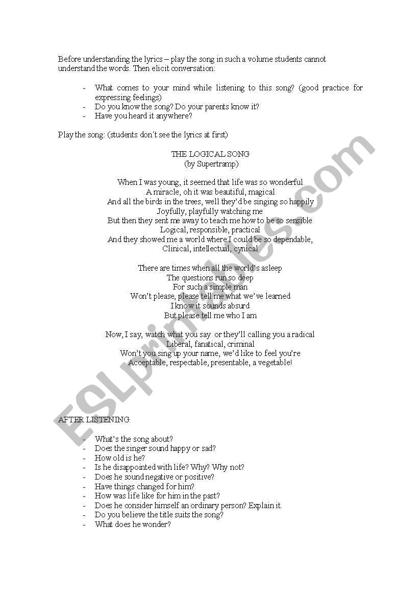 the logical song  worksheet