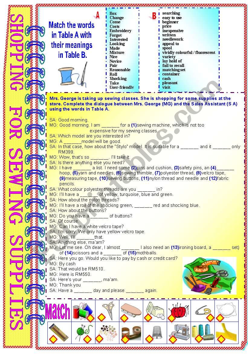 Shopping For Sewing Supplies with answer key** fully editable