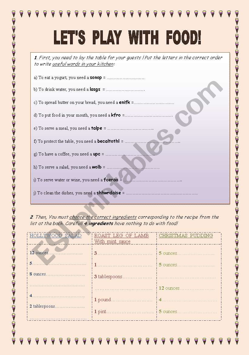 Three exercises focusing on food to practise vocabulary, quantities in recipes and quantifiers. WITH KEY