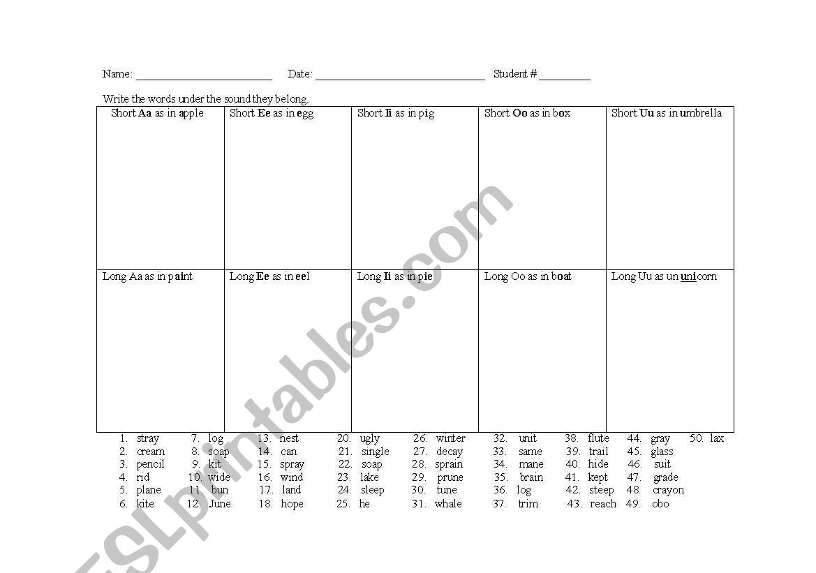 Short and Long Voewl Sounds worksheet