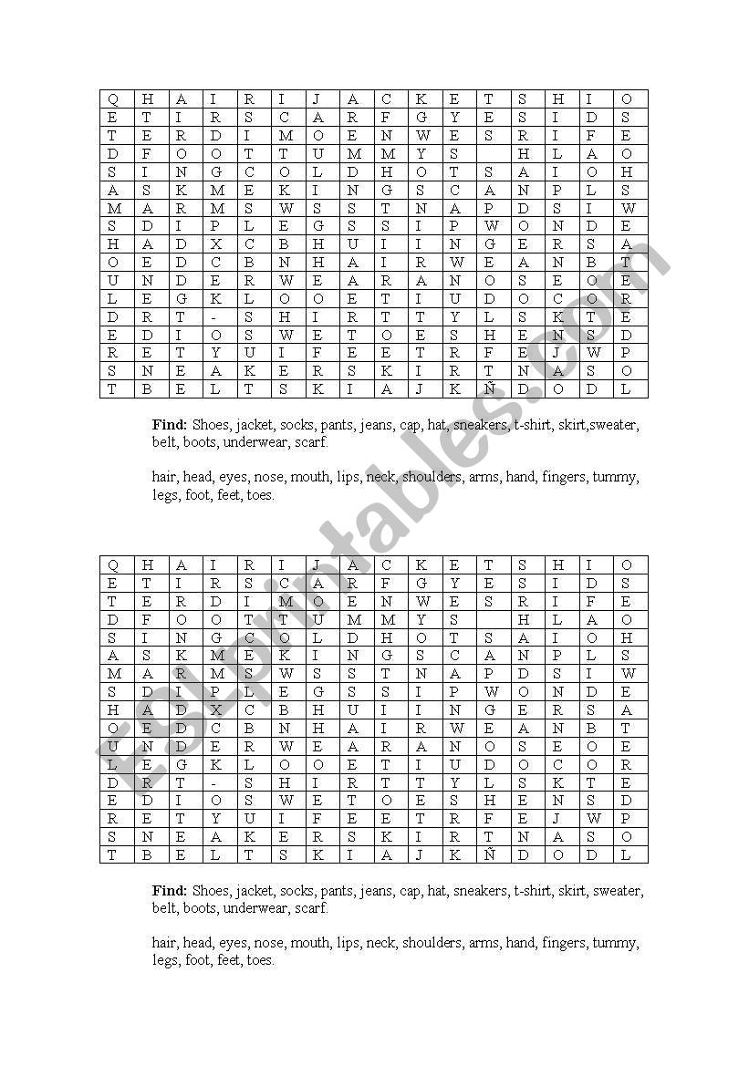 wordsearch- body parts and clothes