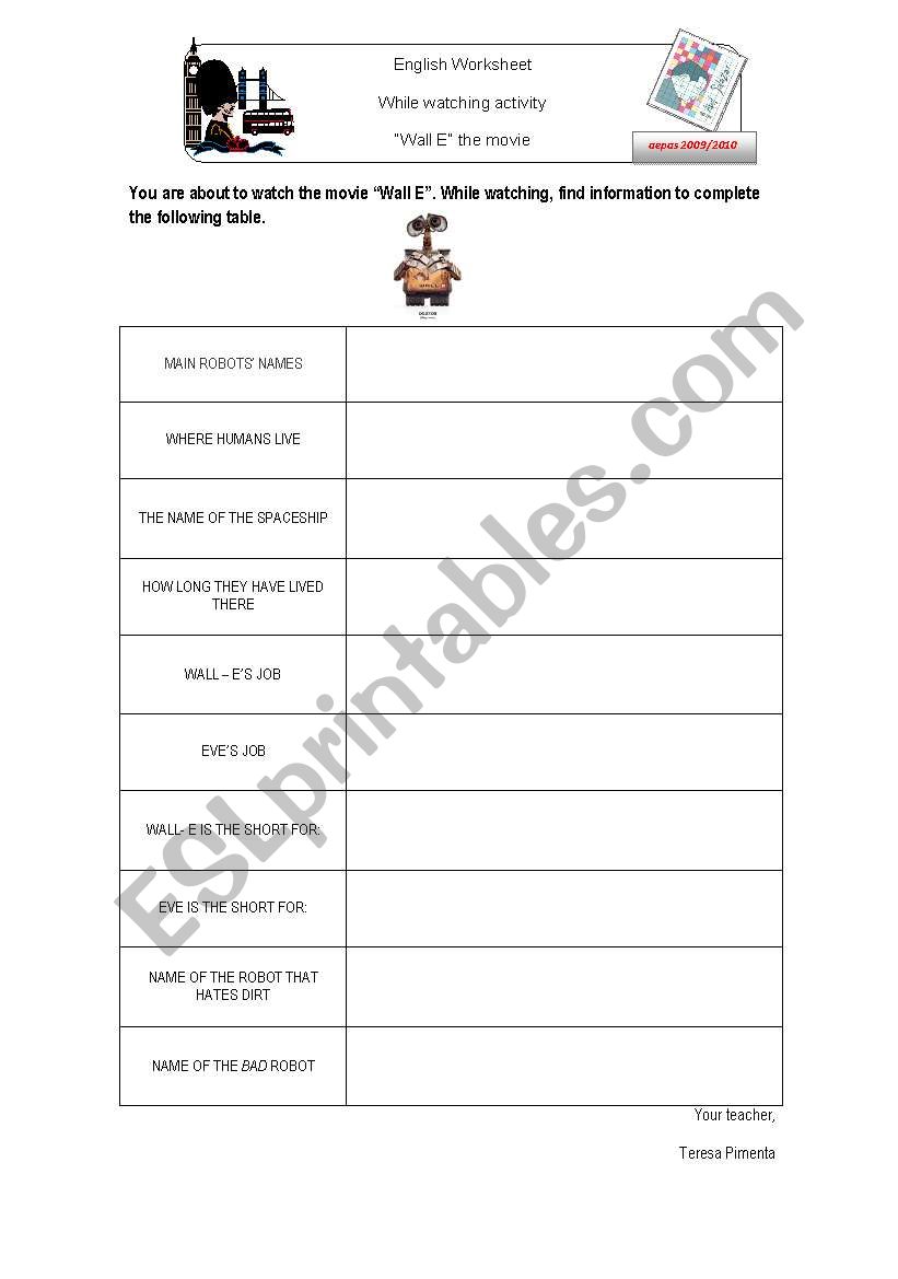 Wall-E" while watching activity - ESL worksheet by teresaspicy Throughout Dirt The Movie Worksheet