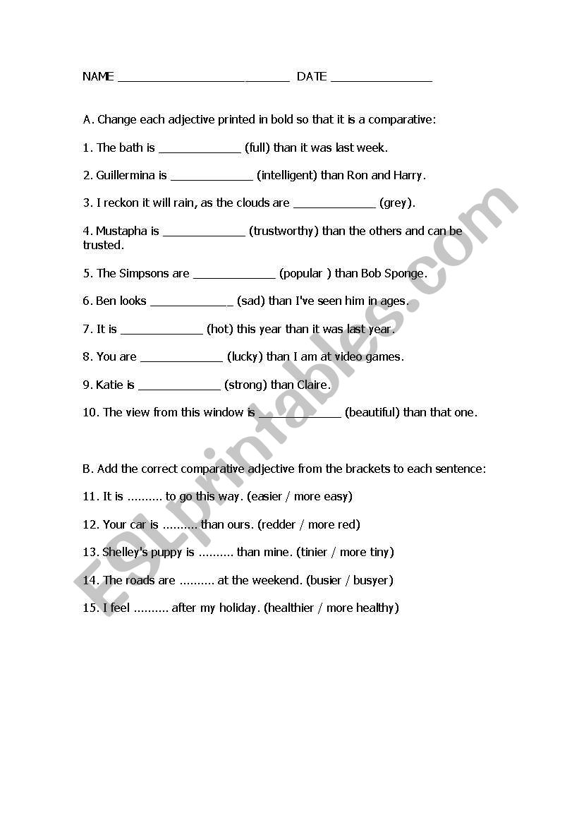 Comparative adjectives worksheet