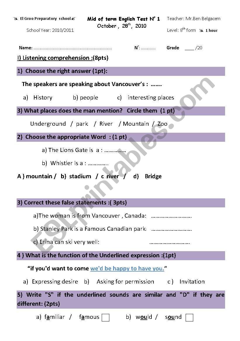 Mid of term test n 1 worksheet