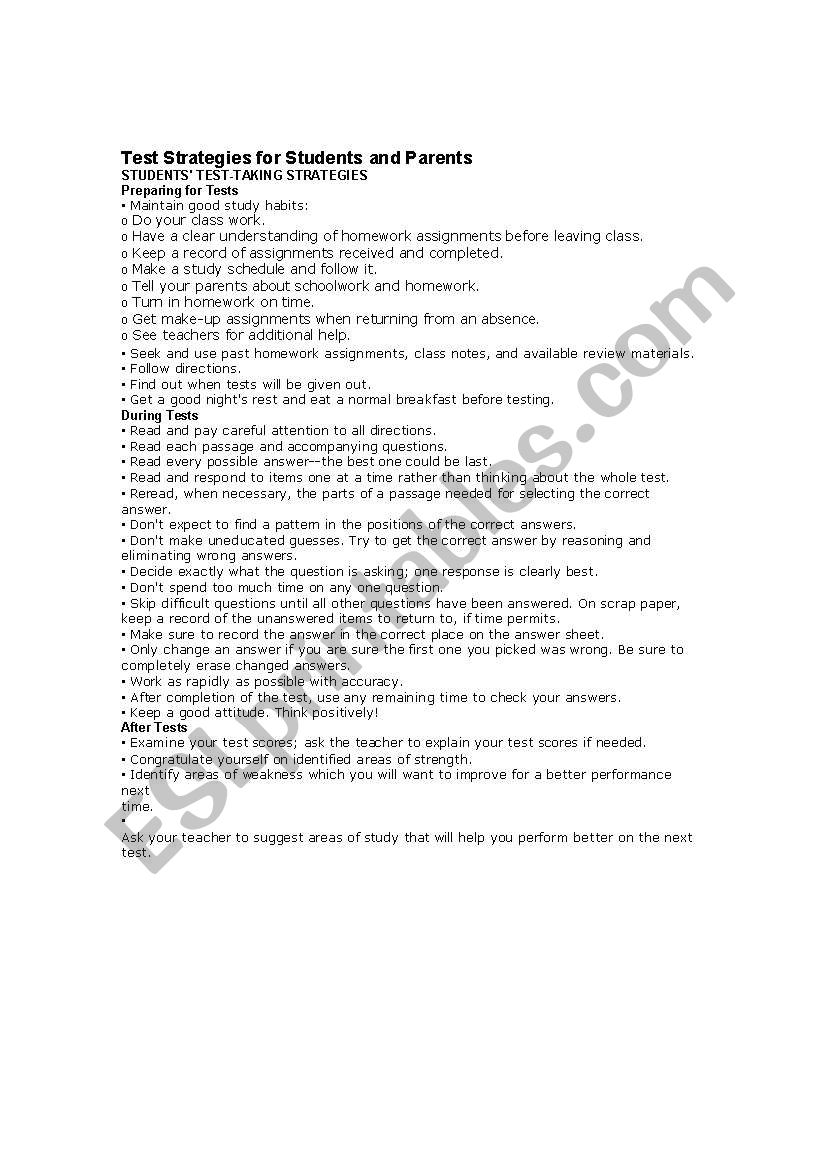 Testing Strategies worksheet
