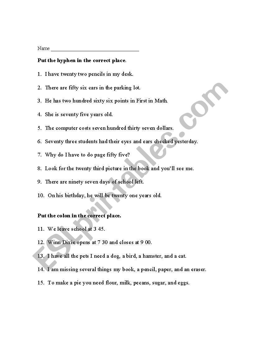 hyphen colon worksheet