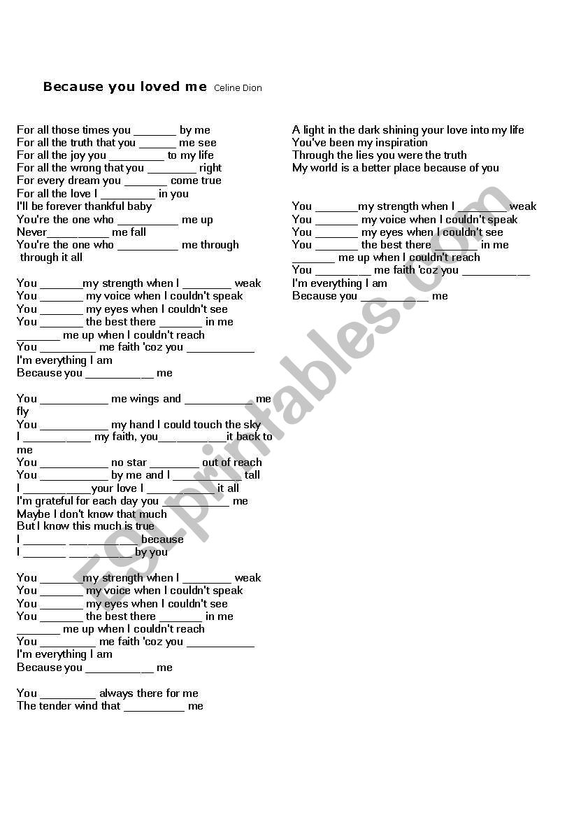 Because you loved me by Celine Dion - Simple Past Song Activity