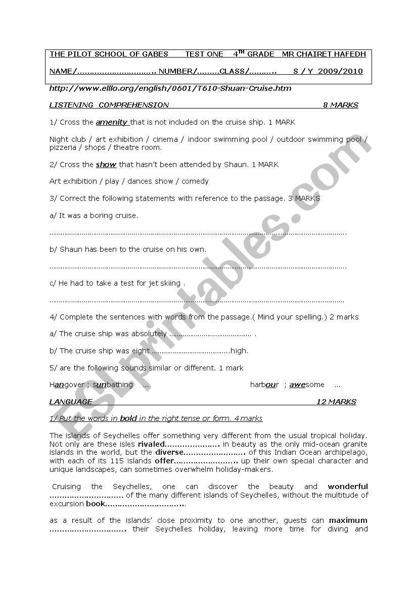 control test one bac students worksheet