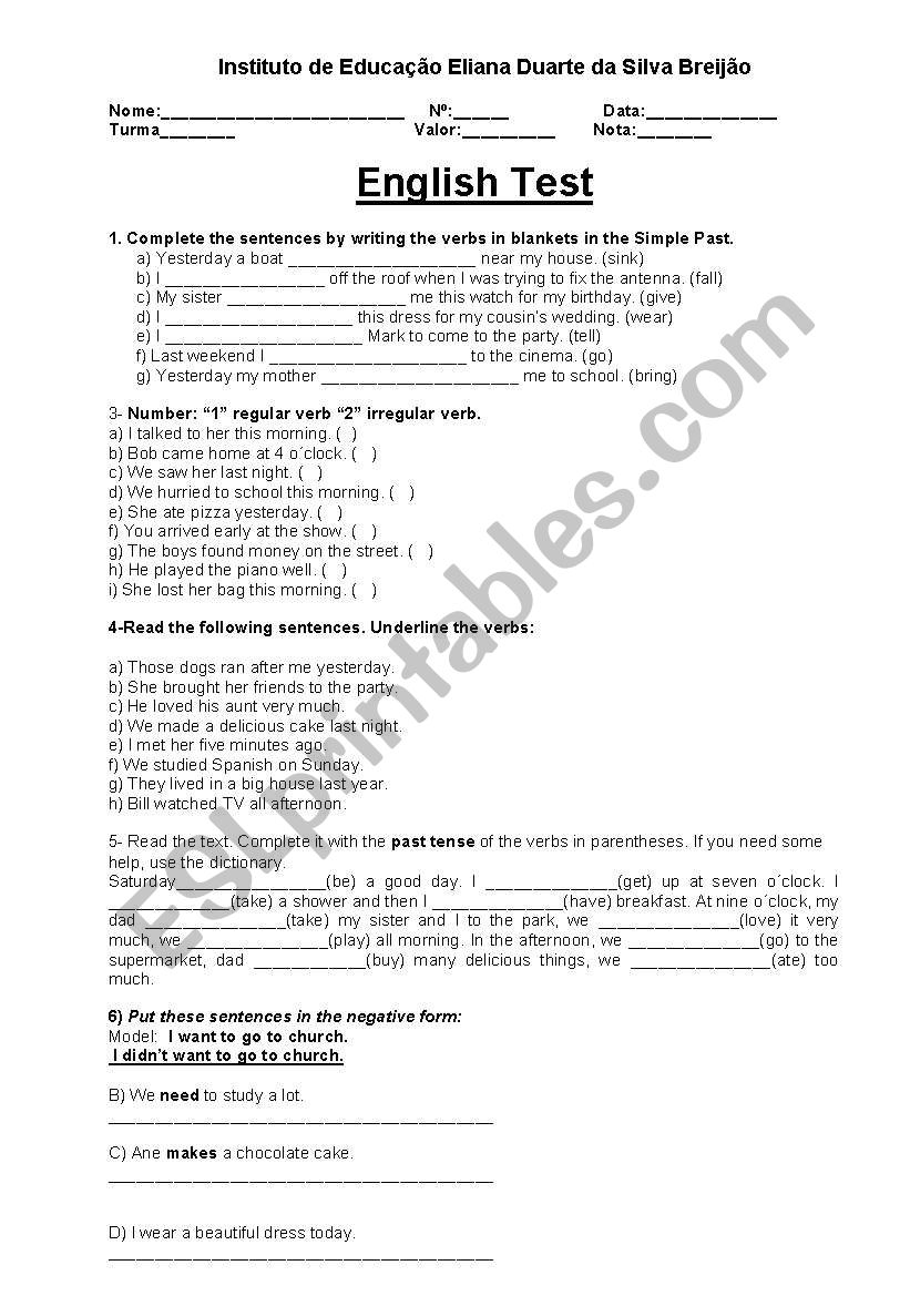 english test worksheet