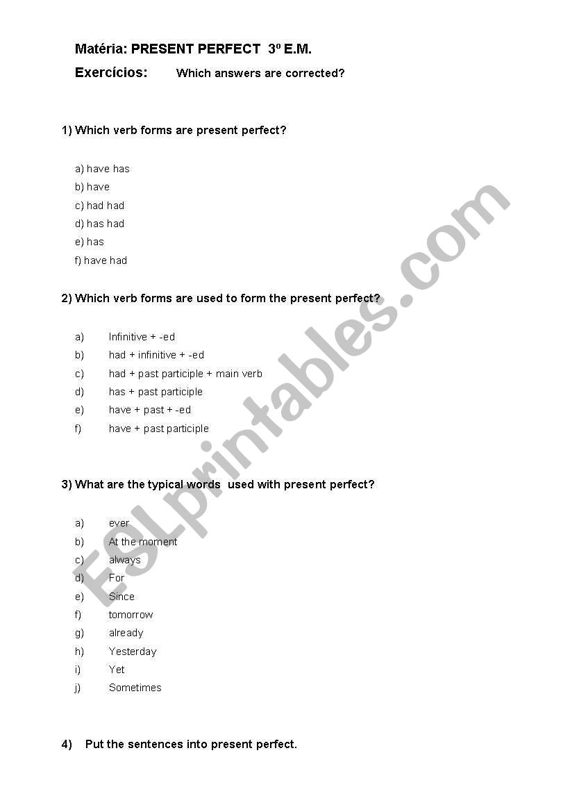 present perfect worksheet