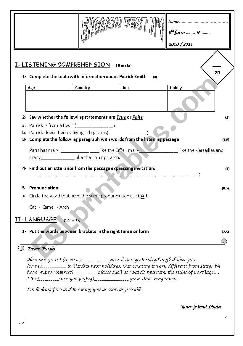 Mid term test 1  worksheet