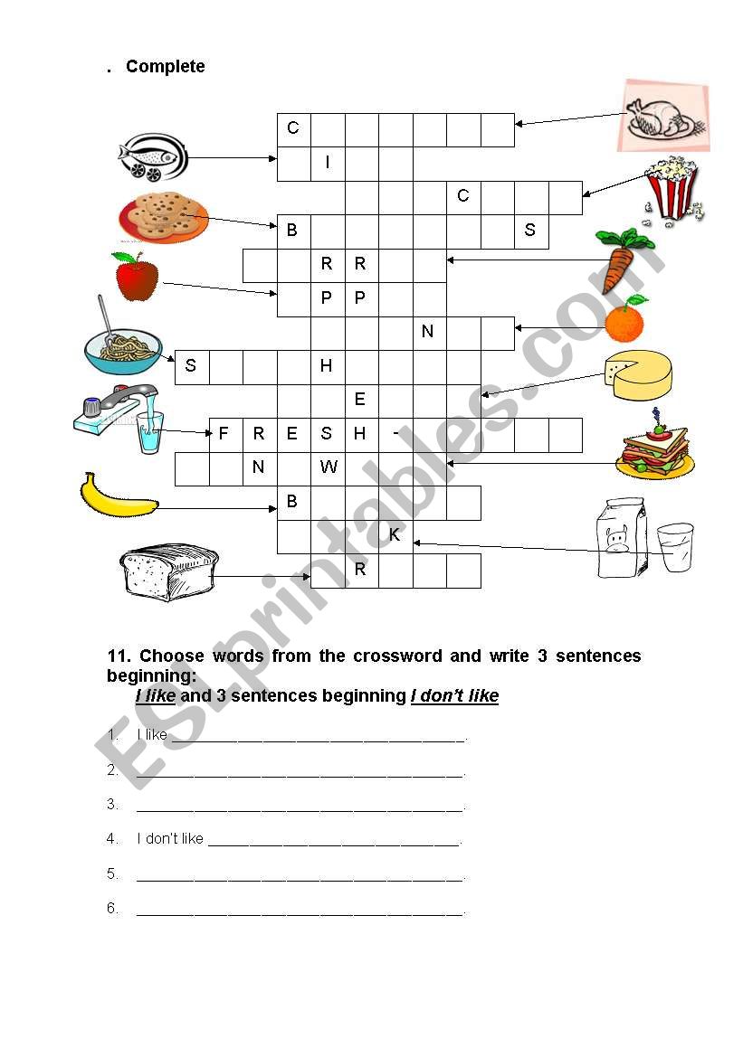 food crossword worksheet