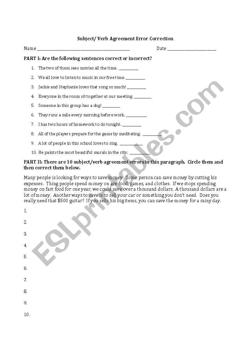 Subject Verb Error Correction worksheet