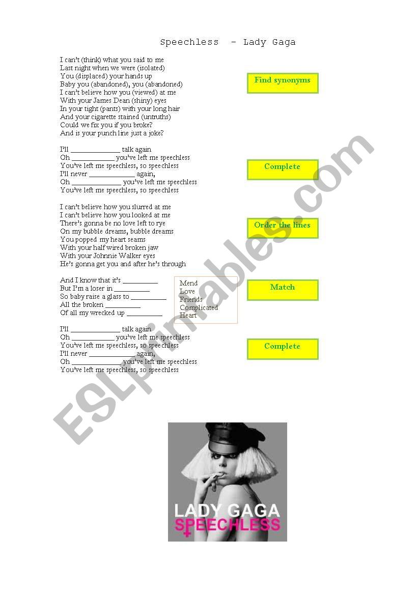 Speechless (Lady Gaga) worksheet