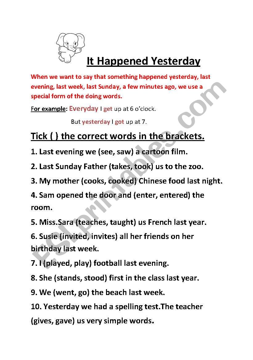 It happened Yesterday worksheet