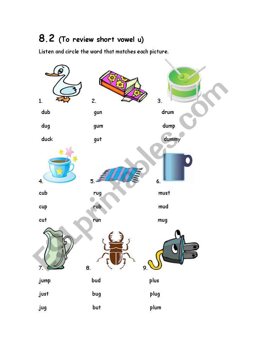 review short vowel u worksheet