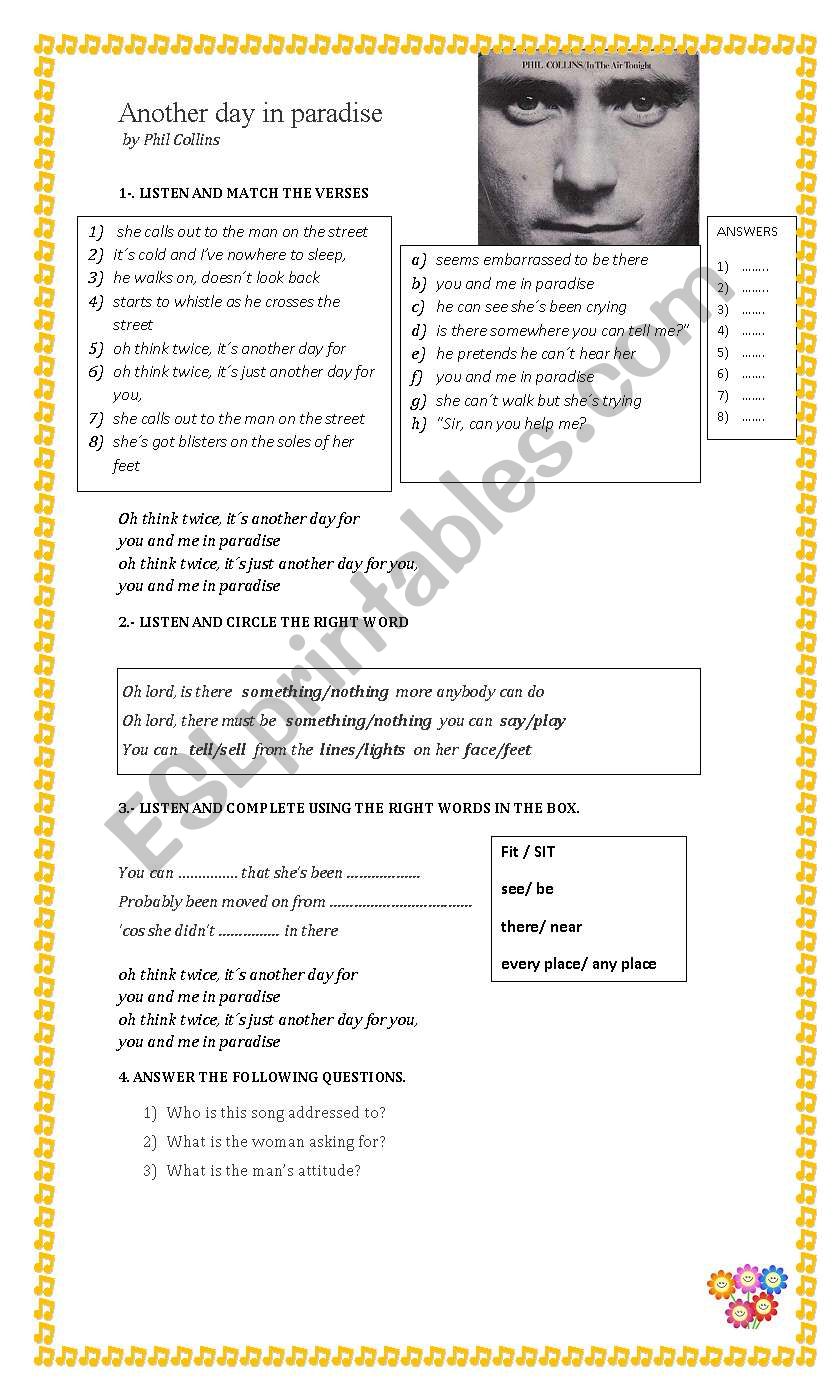 Another Day In Paradise lyrics - ESL worksheet by Adva