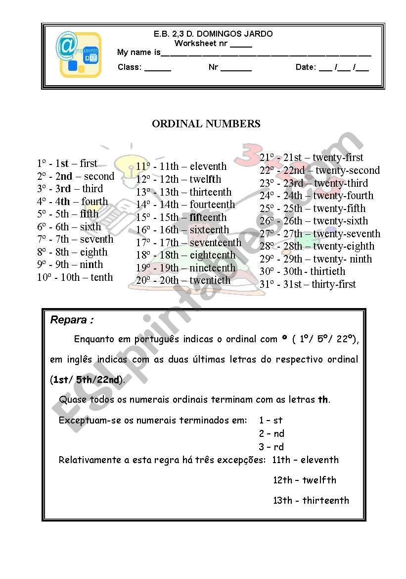 Ordinal numbers worksheet