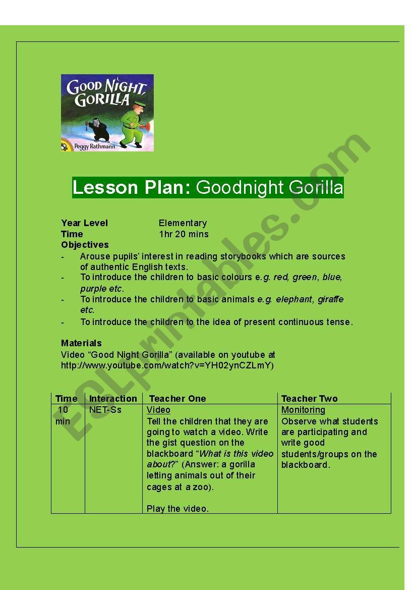 Goodnight Gorilla Video Lesson Plan