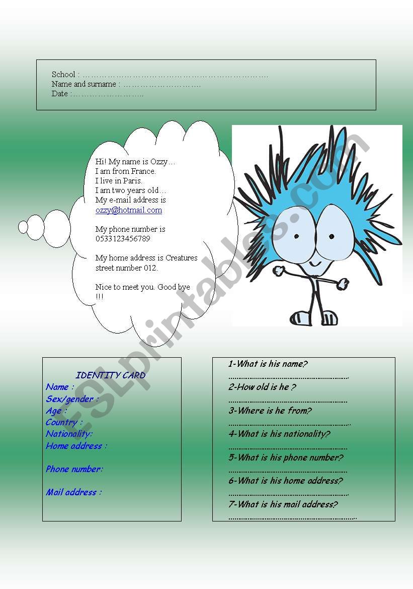 PERSONAL INFORMATION worksheet