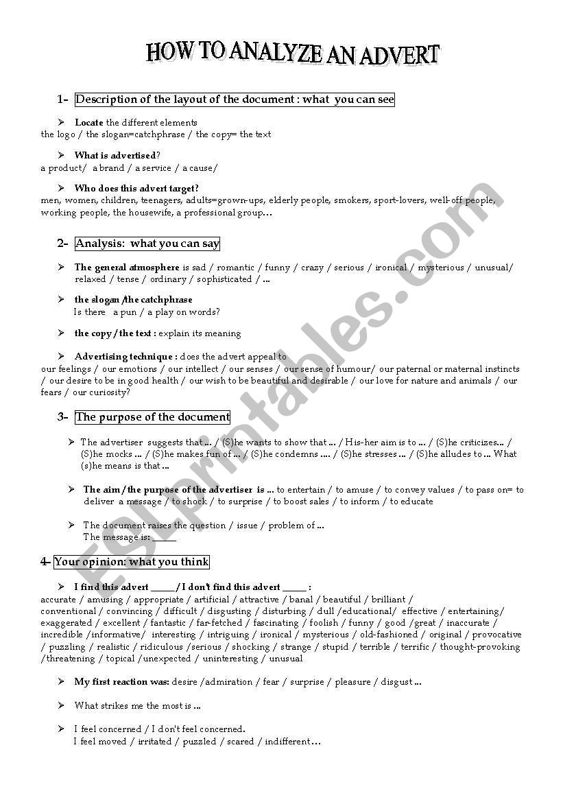 How to analyze an advert worksheet