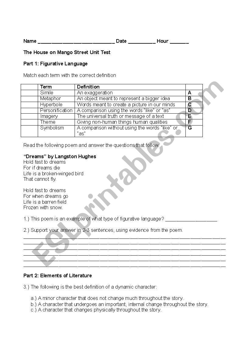 House on Mango Street exam worksheet